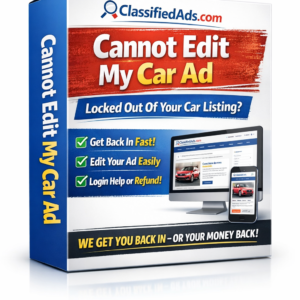 “Product-style box for login help service titled ‘ClassifiedAds Cannot Edit My Car Ad’ with refund guarantee, editing support, and fast recovery