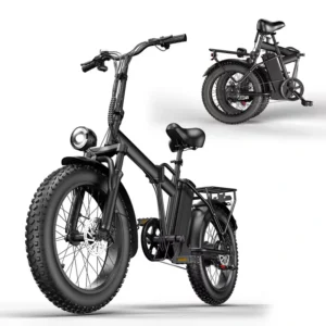 Foldable electric fat‑tire bike with front headlight, rear cargo rack, disc brakes, and compact folding frame for city and off‑road riding.